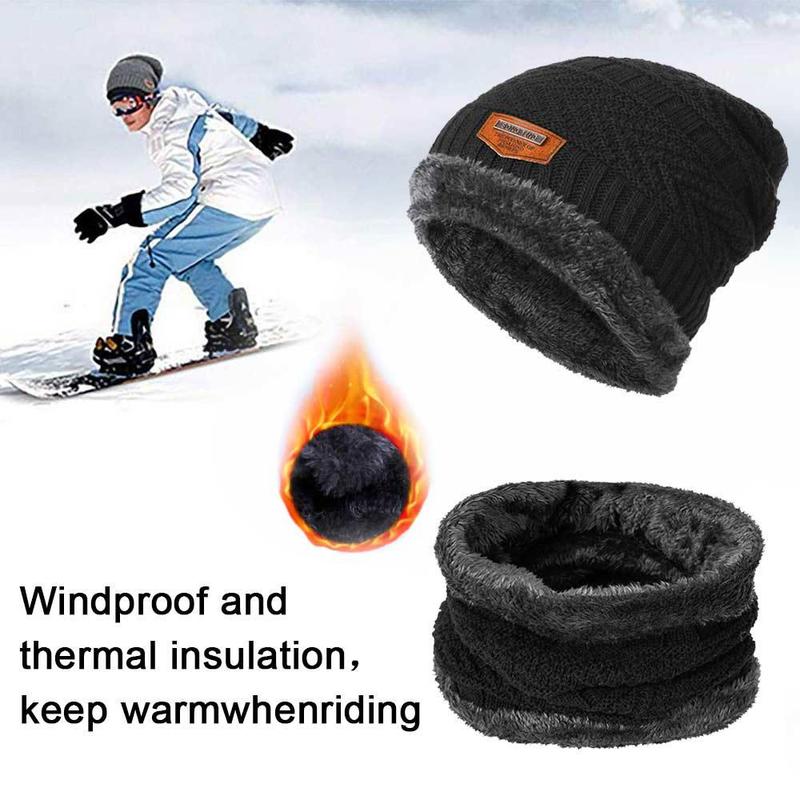 Hat Scarf Set Neck Cover Winter Warm Fleece Knitted Thick Ski Cap 2