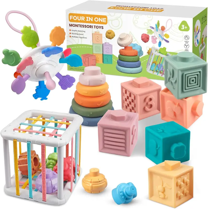 Baby Toys, Montessori Toys for Babies | Food-Grade Silicone - Sensory - Stacking - Shape Sorter - Blocks Cube - Developmental Toys 0