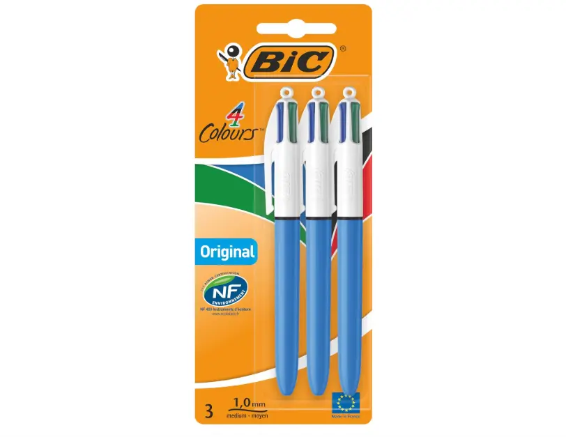 BIC 4 Colours Original Pens - Green, Blue, Red, Black - Medium 1.0mm Tip - Pack of 3