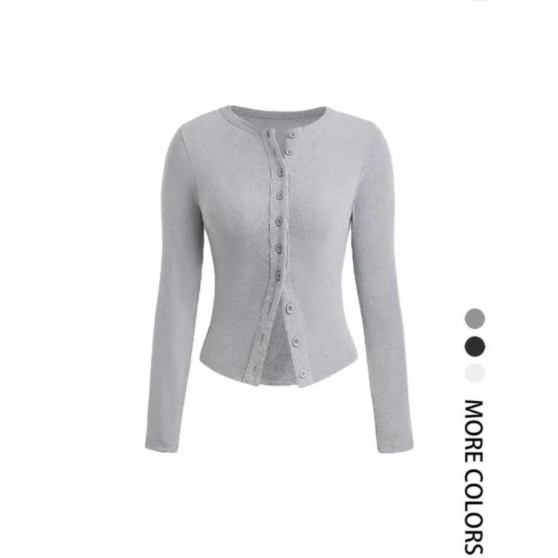 Women's Plain Button Front Ribbed Tee, Casual Long Sleeve Round Neck T-shirt for Spring & Fall, Women's Top for Daily Wear, Sassyandclassyclothing 0