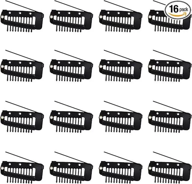 16 Pcs Chunni Clips Wig Clips with Safety Pin Multipurpose 10-Teeth Dupatta Clips Hijab Hair Scarf Clips Secure Wig Tikka Black