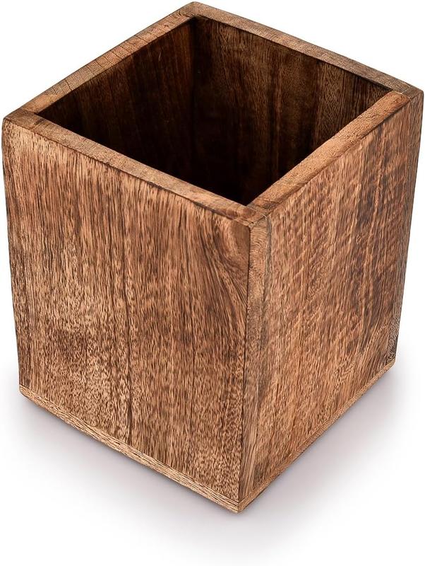 Mango Wood Burning Finished Kitchen Utensil Holder for Countertop, Utensil Holder Container for Kitchen Cooking Utensil. (12.7cm x 12.7cm x 15.24cm) 0