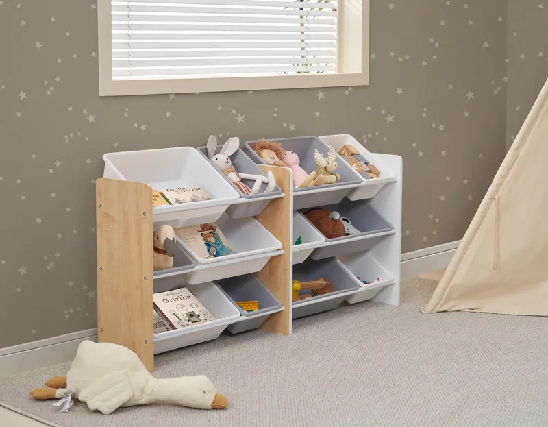Kids Wooden Toy Storage Shlef with 6 Removable Plastic Bins - White Organiser Racks for Kids Play Room, Storage Shelf 3