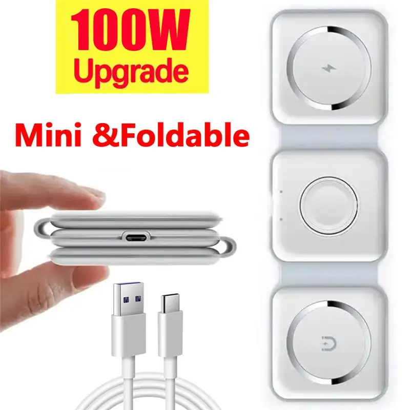 100W 3-in-1 Foldable Wireless Charger Pad Stand for iPhone 15 14 13 12Pro Max Airpods iWatch with Charging Indicator & LED Light - Cable, Adapter