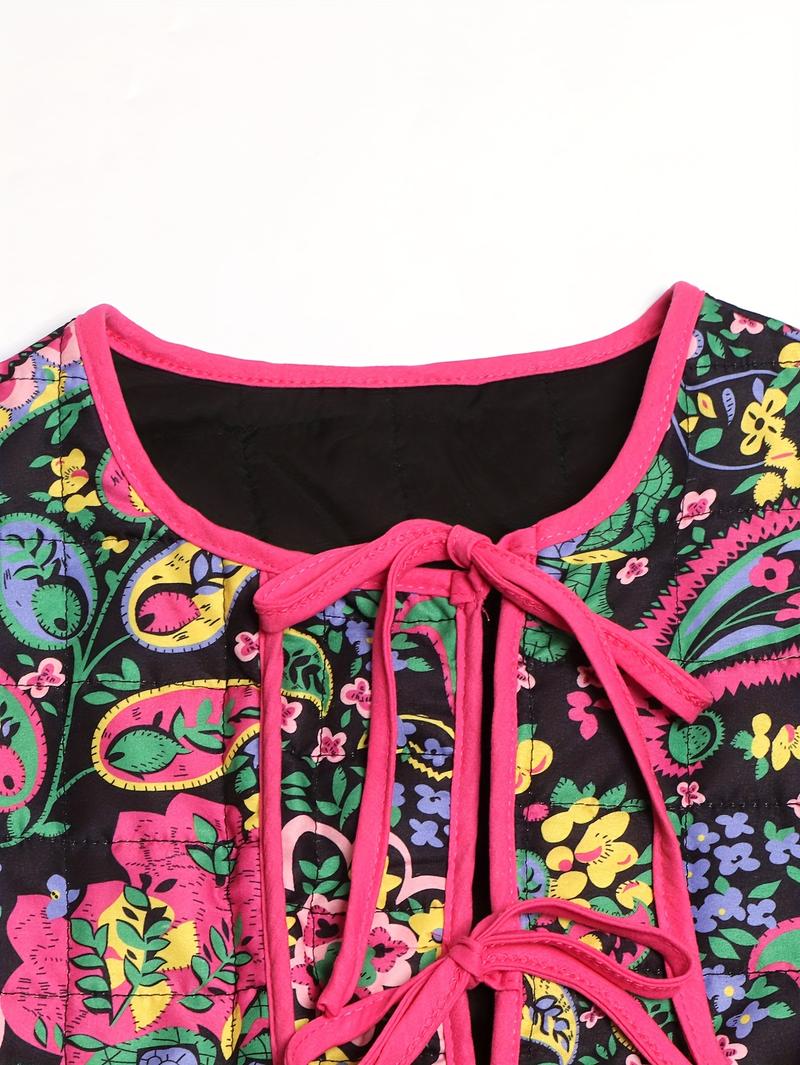 Product Introduction of Women's Vintage Floral Print Quilted Jacket - Polyester, Crew Neck, Vacation Style, All Season, Pocket Detail, Woven Lightweight Outerwear 2