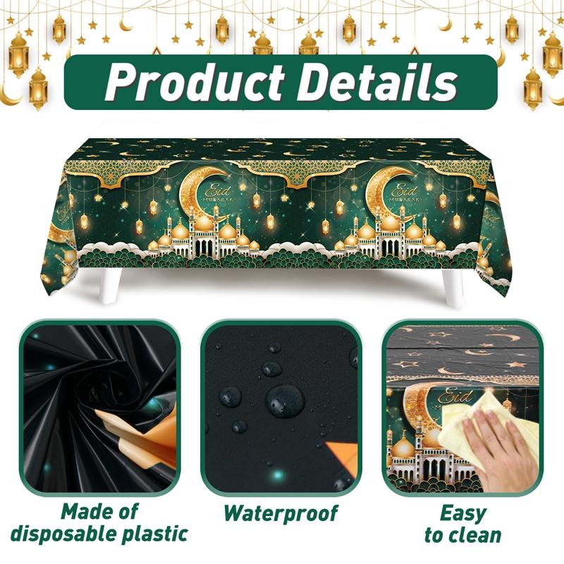 Product Introduction of Eid Mubarak 2  Pcs Star Moon Tablecloth Ramadan Kareem Decor for Home 2025 Islamic Muslim Party Eid Al Adha Supplies Castle Table Cover 15