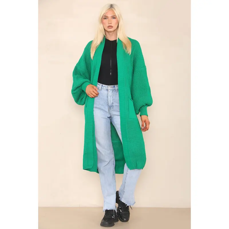 Emerald Balloon Sleeve Cardigan With Pockets 0