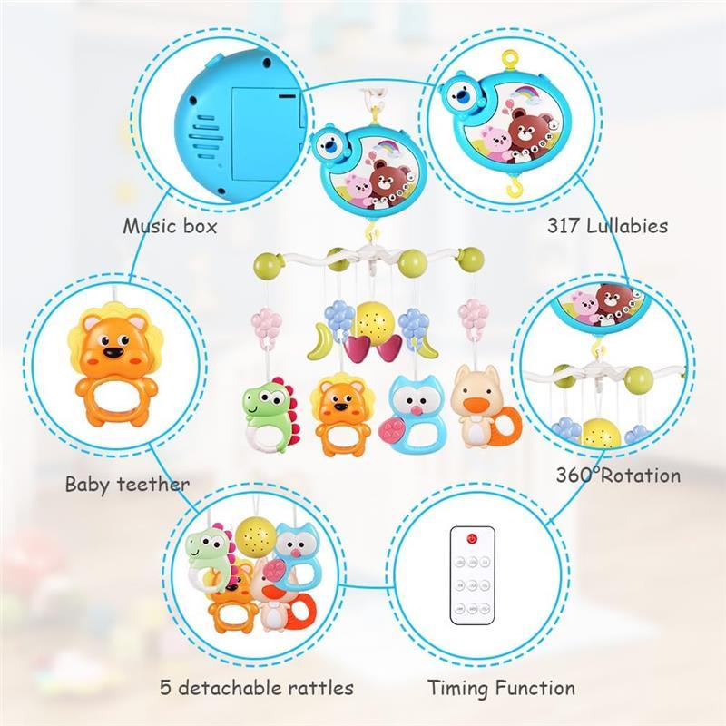 Baby Crib Toy, Baby Crib Mobile with Music and Lights, Cot Mobile Toy with Timing Function Projector and Remote Control, Baby Crib Toys for Boys Girls (Blue) 3