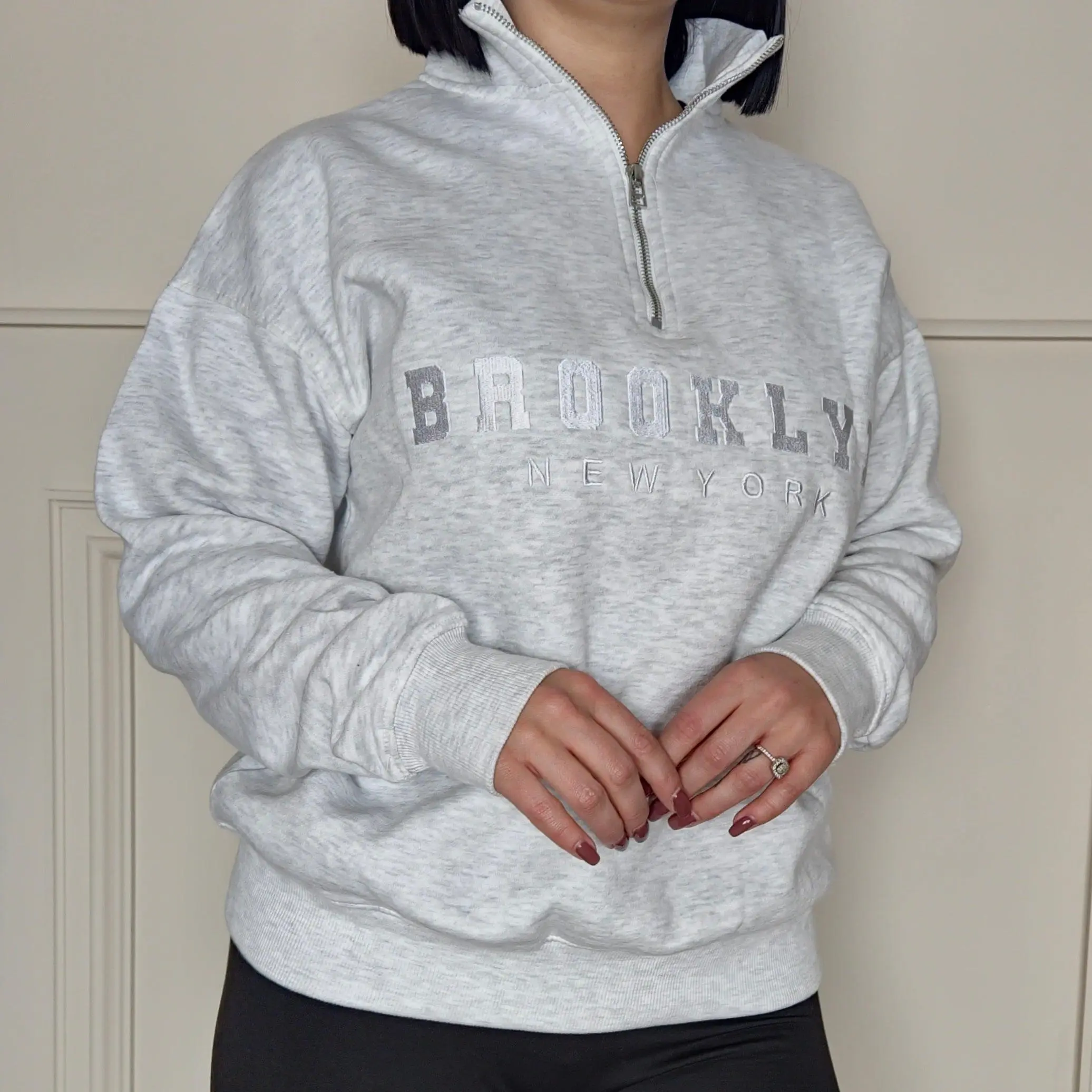 BROOKLYN Half Zip Sweatshirt - Grey, Oversized, Slogan Stitching, Cotton Polyester Fabric - Style, Womenswear, Tops, Comfort, Hoodie