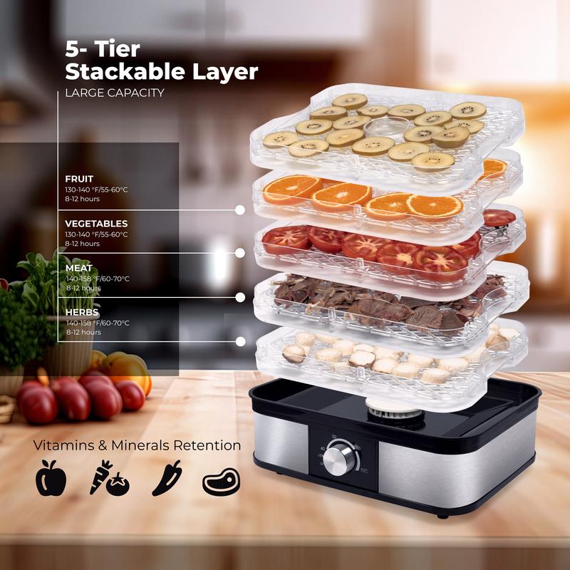 ARTECH Electric Food Dehydrator - 5 Tray Fruit Dryer Machine, 245W, Adjustable Temperature Control 40-70℃, BPA-Free Trays, Healthy Natural Snacks, Jerky, Fruits, Vegetables, Mushrooms, Herbs & Seeds 8