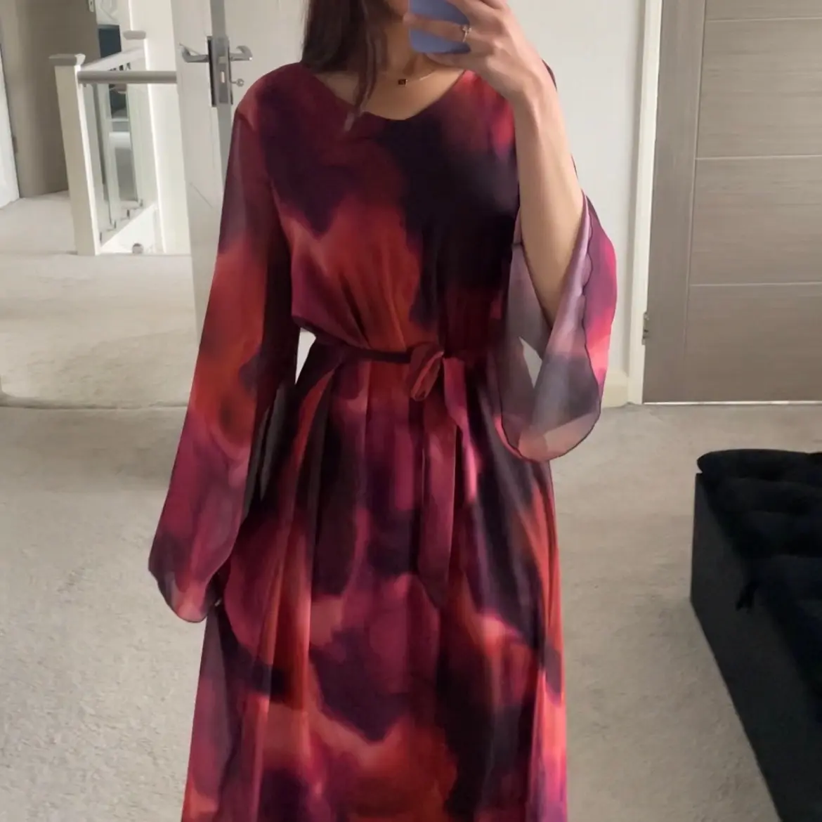 SHESOUT in  the Printed chiffon flared sleeve wrap tie maxi dress
