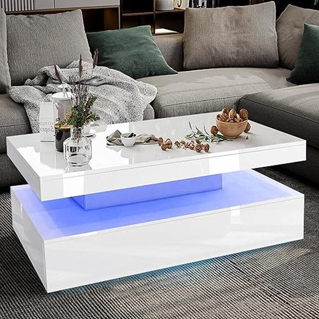White High Gloss Coffee Table with LED RGB Lights, 2 Drawer Storage - Rectangle Sofa Side Table for Living Room/Home Office Furniture coffeetable ex display coffeetable smart  coffee coffee  tables 0