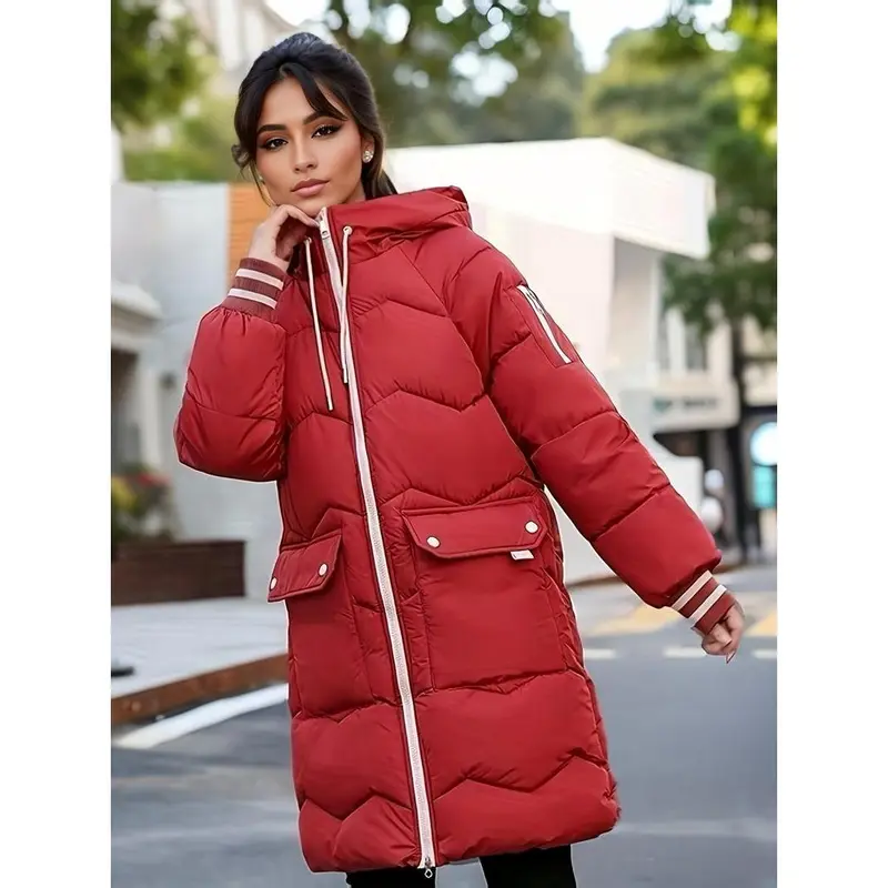 Cozy Thermal Puffy Coat - Cotton-padded Jacket with Drawstring Hoodie, Long Sleeve, Flap Pockets, and Zip-up Design for Fall and Winter - Women's Casual Outerwear for Chilly Days 8