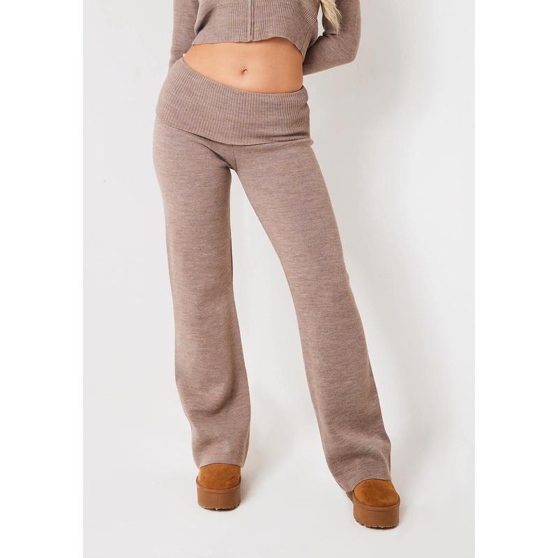 Rina Mocha Knit Fold Over Waist Flare Trousers 1