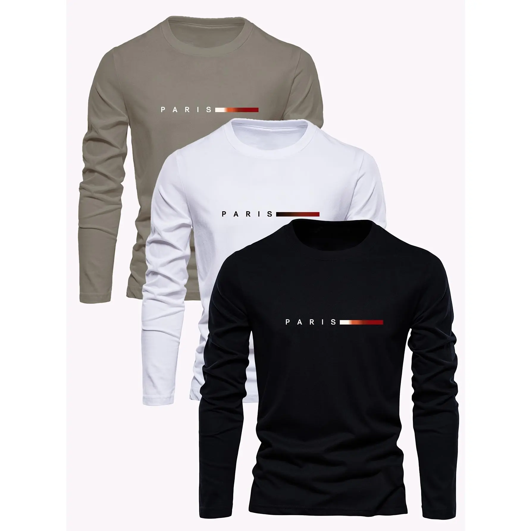 3pcs Men's 100% Cotton Long Sleeve T-Shirts with Trendy Paris Print - Breathable, Casual Streetwear Style, Crew Neck, Regular Fit, Non-Transparent, Machine Washable - Perfect for Spring/Fall