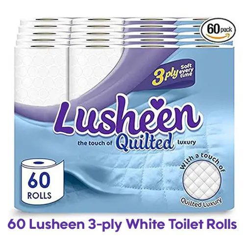 60 Lusheen White Toilet Rolls-3 Ply Soft Touch Toilet Rolls-Super Quality Embossed Toilet Tissue Rolls Provide Ultimate Quilted Comfort 1