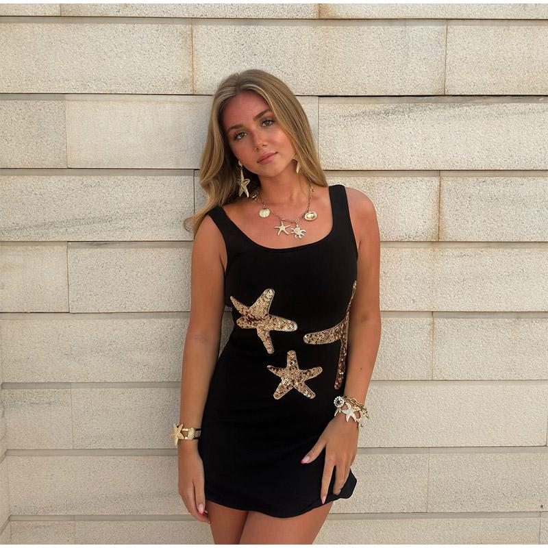 Product Introduction of 2025 Stunning Shiny Stars Ruffles Hem Knitted Mini Dress Women's Chic Slim Fit Sleeveless Sling Vestidos Lady Street Gowns New 13