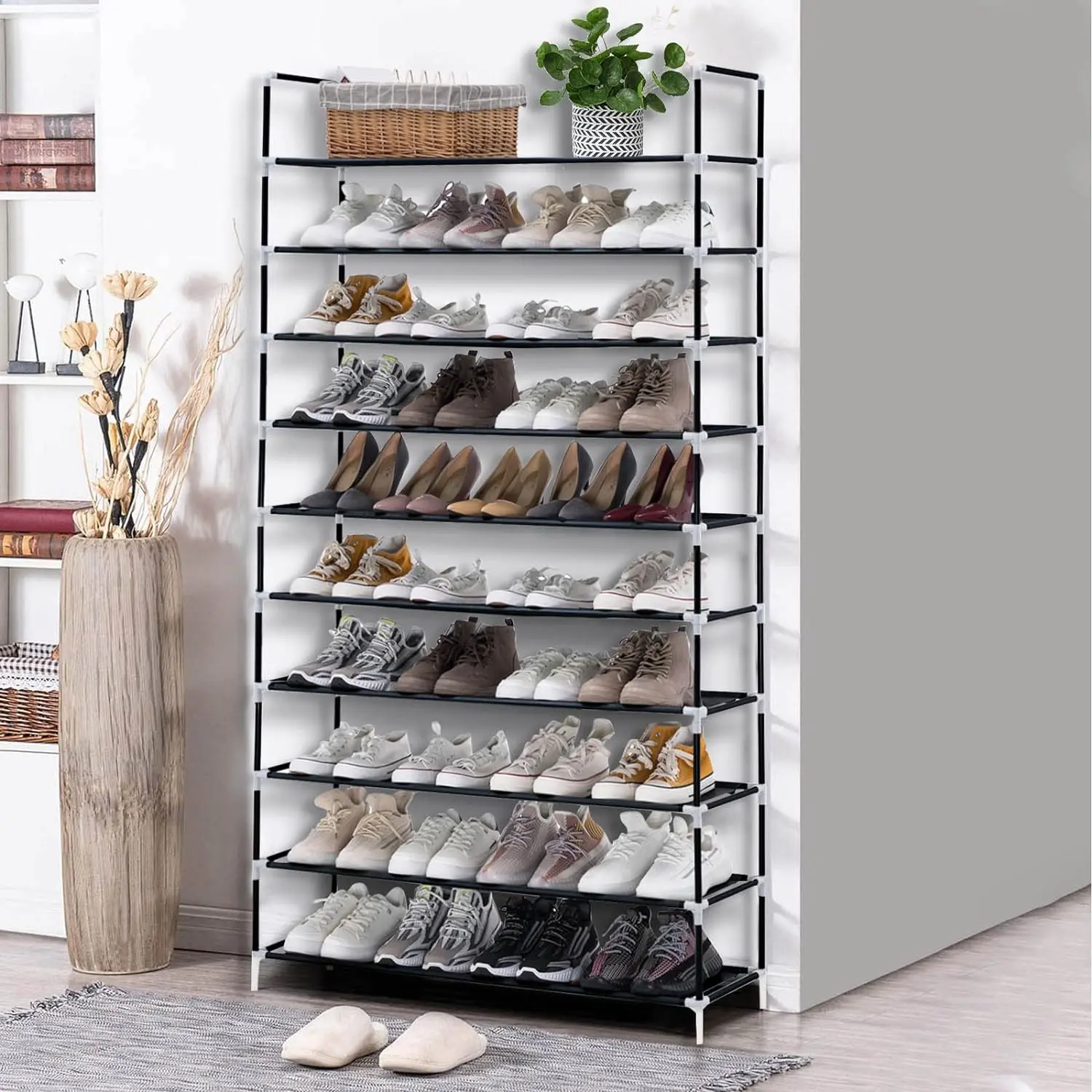 GoDyna 10 Tiers Shoe Rack Space Saving Shoe Shelf Easy Assemble for 50 Pairs of Shoes Tall Adjustable Shoe Racks With Waterproof Fabric For Entryway Closet Hallway Bedroom   Organiser Steel Expandable Standing