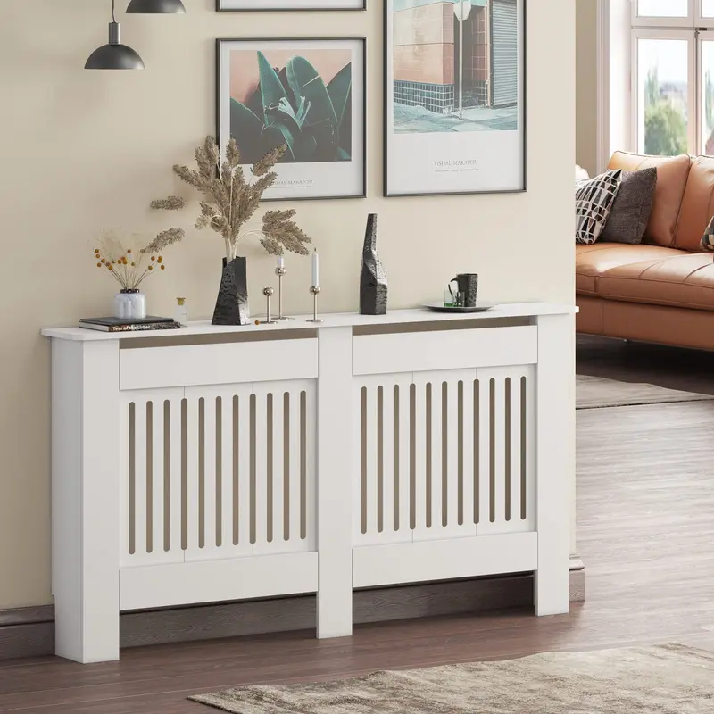 Radiator Cover Grey Modern MDF Vertical Slats Wooden Top Cabinet for Living Room Bedroom Hallway 4
