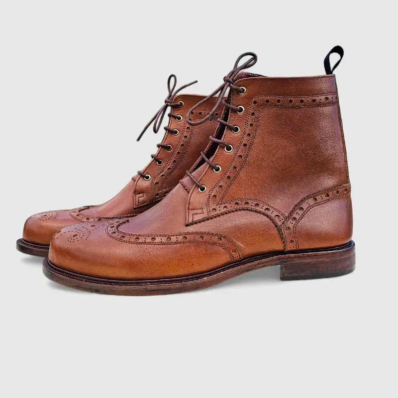 Faj Men's Lace up Ankle Brogues Boot Footwear - Classic brown leather 4