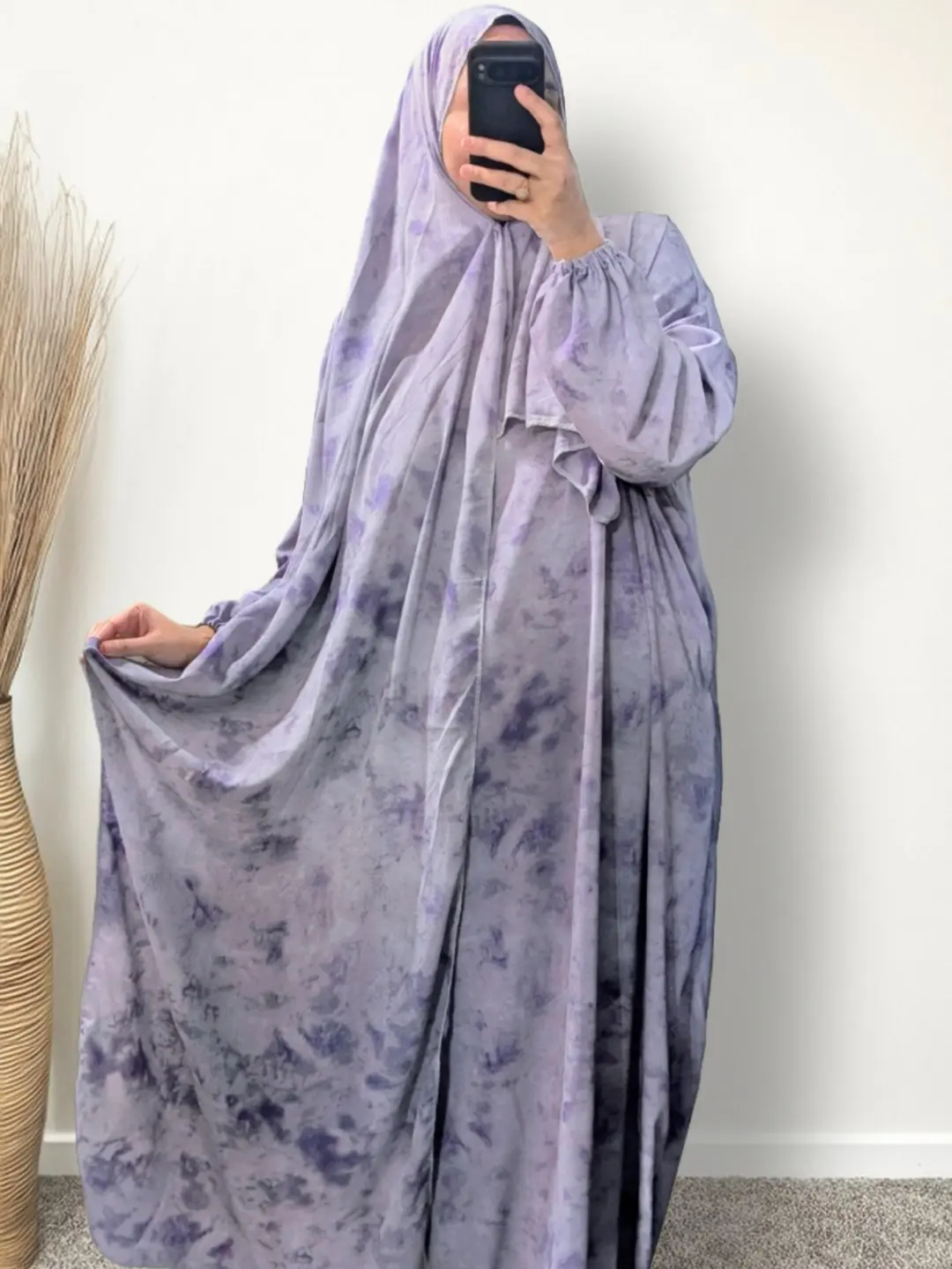 Pastel Purple Prayer Abaya with Pockets, Custom Attached Scarf & Tailored Length Option - Ookti Handmade Modest Muslim Women Clothing