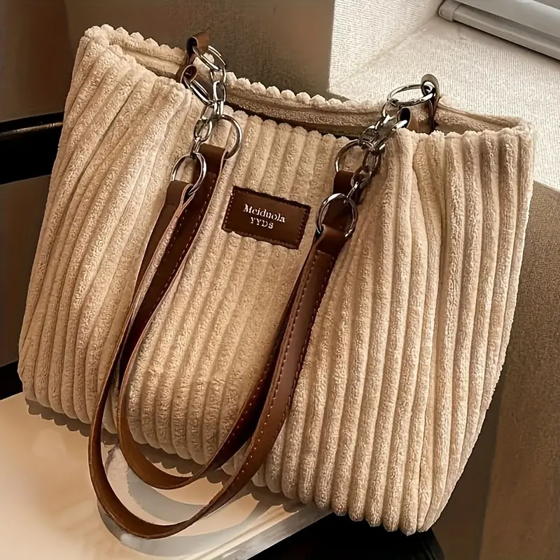 Elegant Corduroy Tote Bag for Women, Chain Strap Shoulder Bag, Large Capacity, Daily Commute Handbag, Polyester Lining, Zip Closure, No Print, No Faux Fur, Available in Black, Beige, Khaki, Green