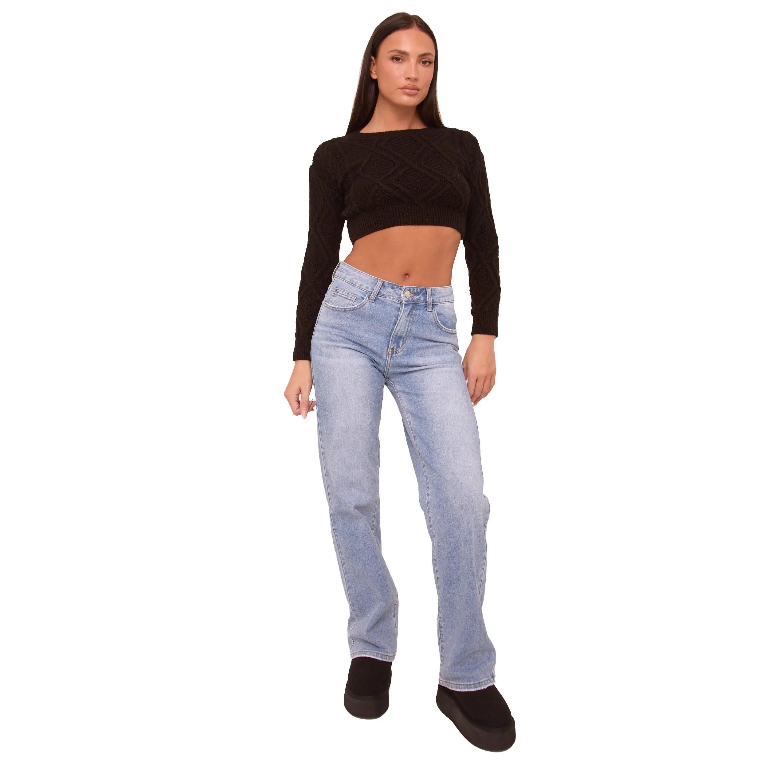 Annette Womenswear Rebellious Fashion Stretch Distressed Mid Waist Straight Leg Jeans