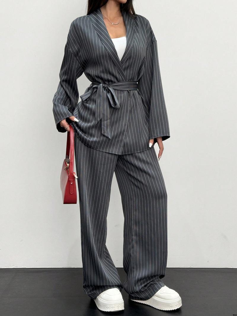 Product Introduction of Suit Commuting Fashion Office Gray , Suit Jacket Suit Kimono Casual Elegant Wrap Striped Women's Set 2 Essnce tiktok 5