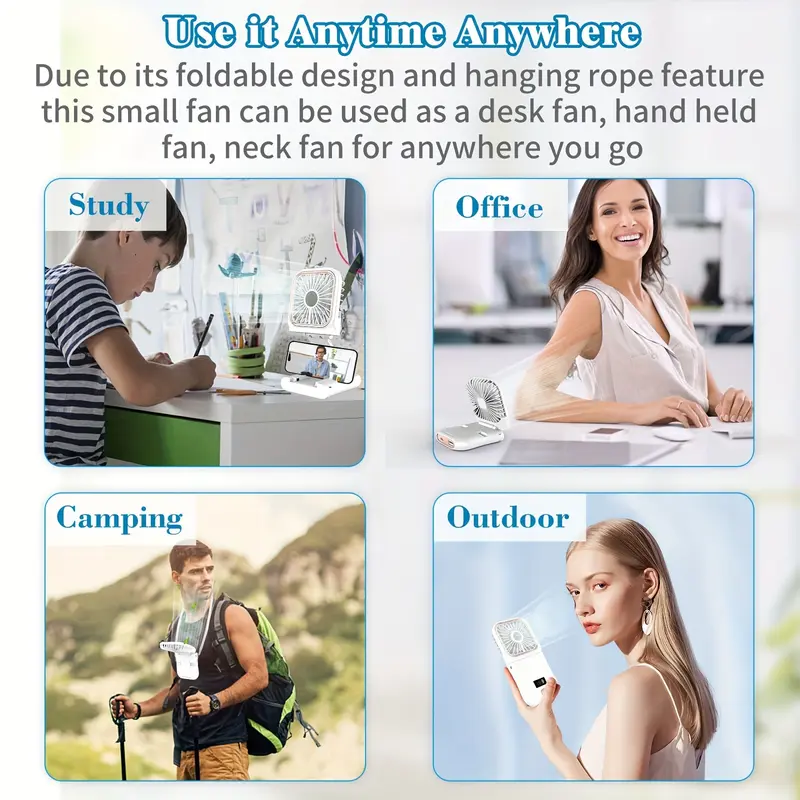 3000mAh USB Rechargeable Portable Handheld Mini Fan with Digital Display, 180° Adjustable, 3-Speed, Ultra-Thin Folding Neck Design for Personal Cooling, Travel, Sports 8