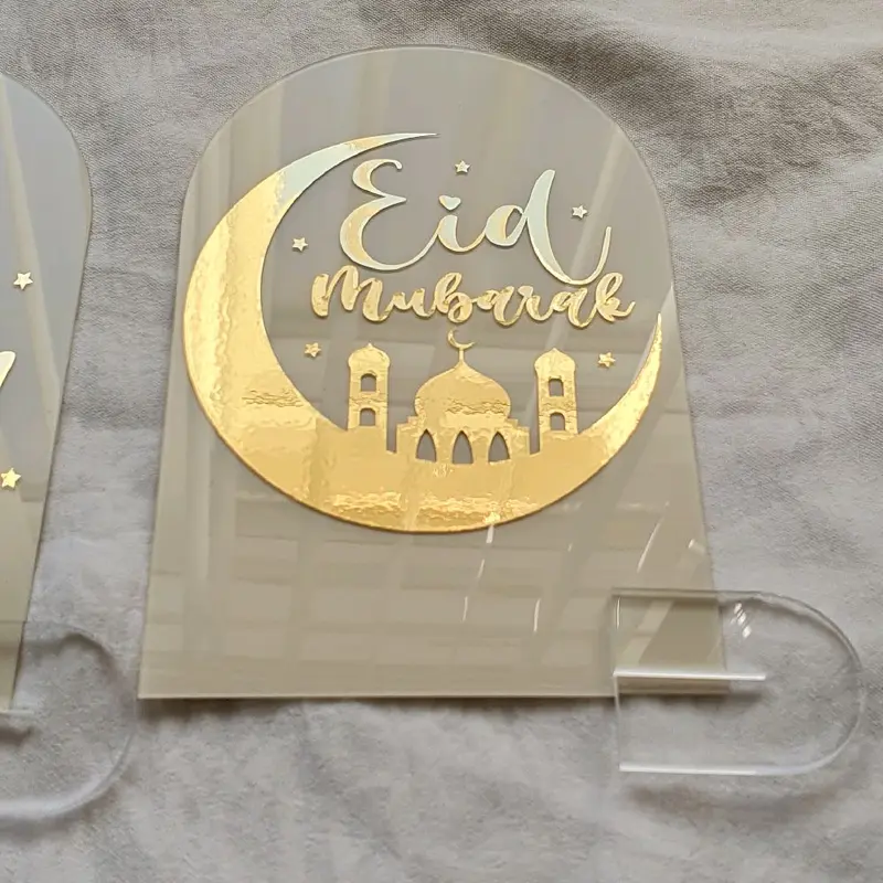 Eid Mubarak Acrylic Arch Plaque Frame Sign x1 - 9cm x 14cm (Replacement of an Eid Card -) - Can personalise with From / To Names) Banners, Photo Prop / Accessory ... Table Decor / Centrepiece - With Mini Stand Ivory & Gold Moon & Mosque Design Vinyl 2