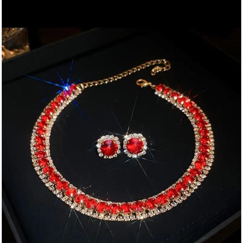 Full Round Shape Red Rhinestone Inlaid Stud Earrings & Bracelet Bling Bling Luxury Style Banquet Jewelry Set 3