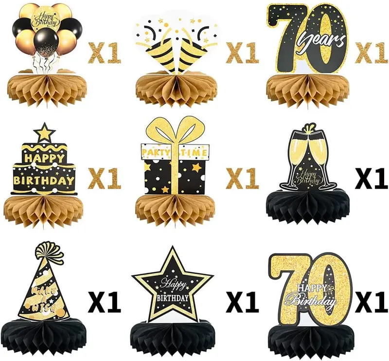 9Pcs 70th Happy Birthday Centerpieces, Black and Gold Happy Birthday Decorations, Happy Birthday Table Toppers for Men and Women, 70 Years Birthday Party Supplies (70 Years) Glass Sticker 0