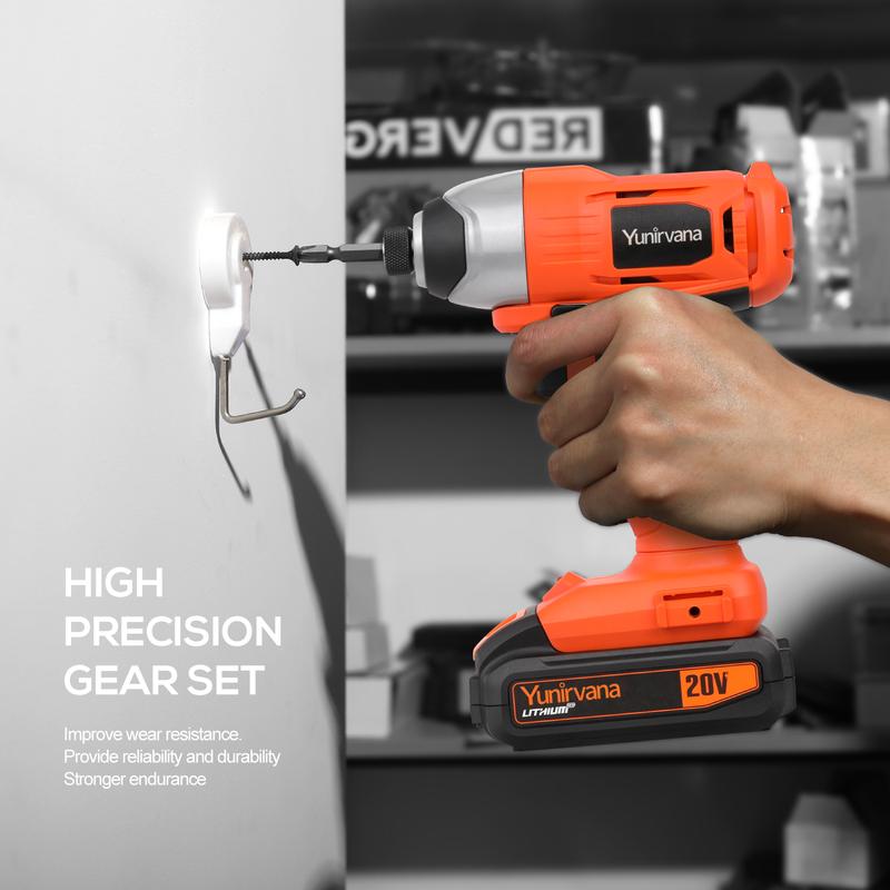 Product Introduction of Rechargeable Impact Driver 20V, Yunirvana Variable Speed (0-2800RPM) Cordless Impact Driver with 6Pcs Screwdriver bits,1.3Ah Battery and Charger，Suitable for Tightening Screws 8