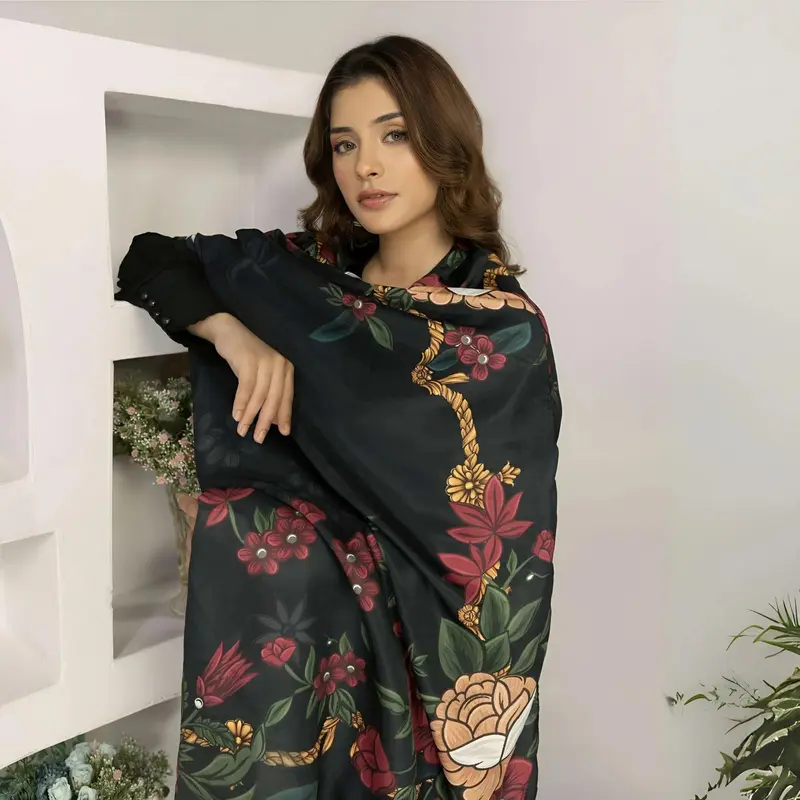 3 Pcs Dyed Twill Linen with Digital Printed Pashmina Shawl | Winter Collection | SIMRANS 1