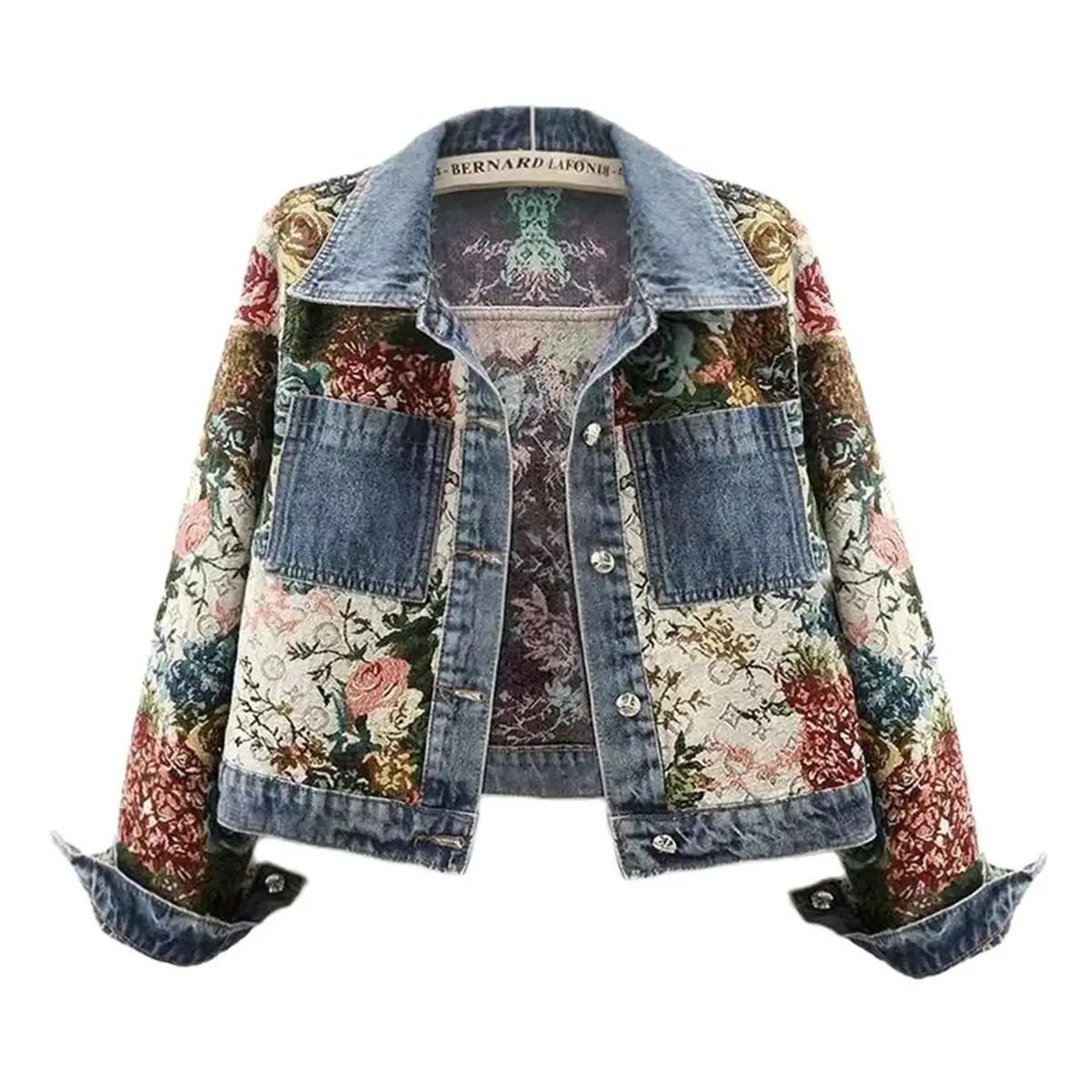 Printed Patchwork Lapel Denim Coat Women Long Sleeve Spring Autumn Jacket Fashion Vintage Short Outerwears Single Breasted Coats Womenswear Blue Outfit Piece Ripped Shirt Style Tops Vest Warmer Comfort Collar