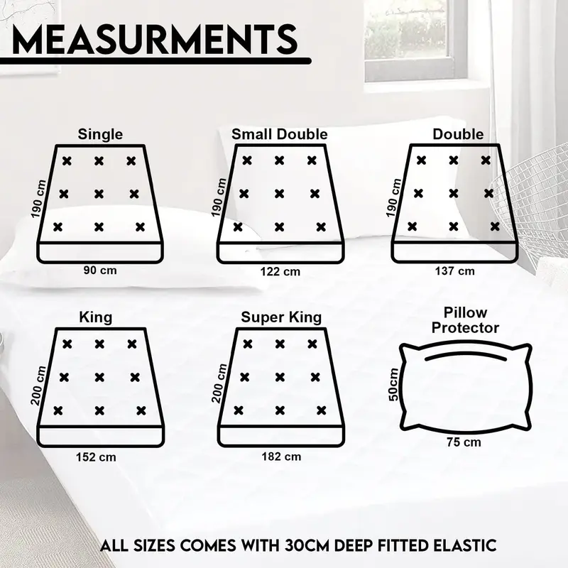 Waterproof Mattress Protector Pad with Extra Deep 30cm Pockets for Secure Fit,Microfiber Material Hypoallergenic, Noiseless,Super Soft Matress Protector Wrinkle Free, Machine Washable Mattress Cover  White. Single,4Ft/Small Double,Double,King,Super King 8