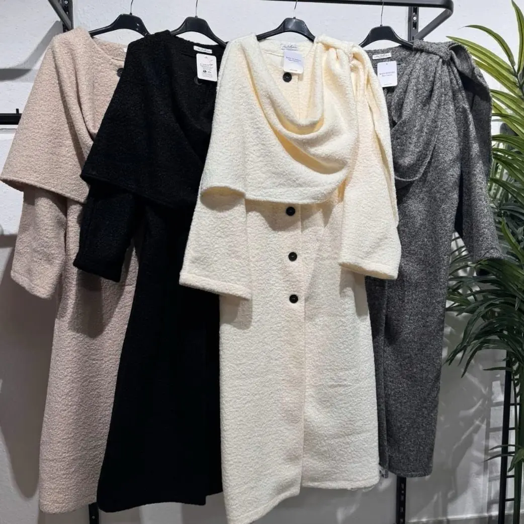Premium Long Coatigan with Attached Scarf - Winter Jacket - Jackets, Womenswear
