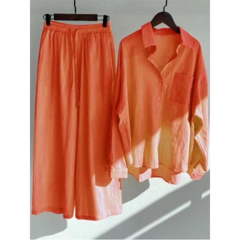 Autumn Women's Clothing 2025 New Fashionable Retro Cotton Linen Shirt High Waist Loose Long Sleeved Lace Up Pants Two-piece Set 6