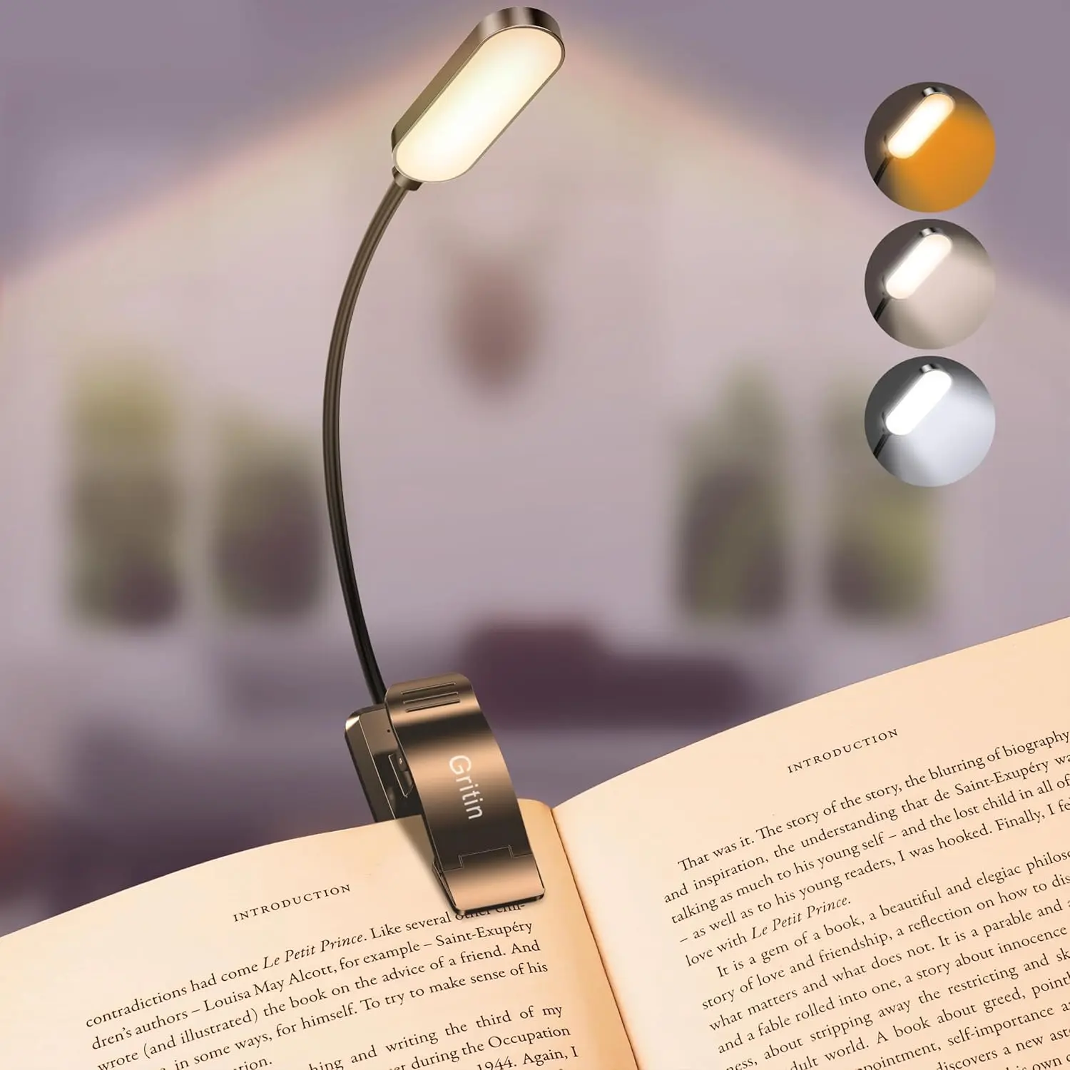 16 LED Reading Light, Book Light 3 Eye-Protecting Modes Book Lamp (White/Amber/Mixed) - Stepless Dimming, Rechargeable, Long Battery Life, 4-Level Power Indicator, Flexible Clip on Book Light [Energy Class A+++]