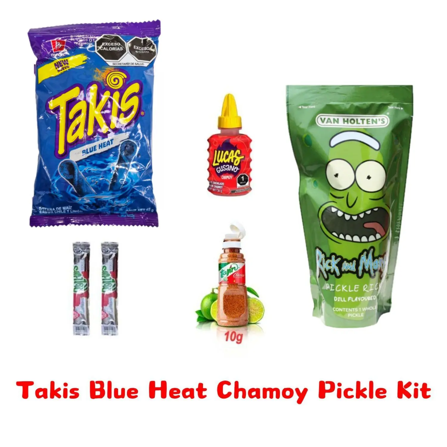 Takis Blue Heat Chamoy Pickle Kit - Includes 1x Bag Takis Blue Heat Chips, 1x Lucas Gusano, 1x Mini Tajin, 2x Betty Fruit Roll-Ups, 1x Pickle - Ultimate Spicy Snack Gift Set, Instant Food Fun for Chamoy Lovers Kimchi Pickled Marinated
