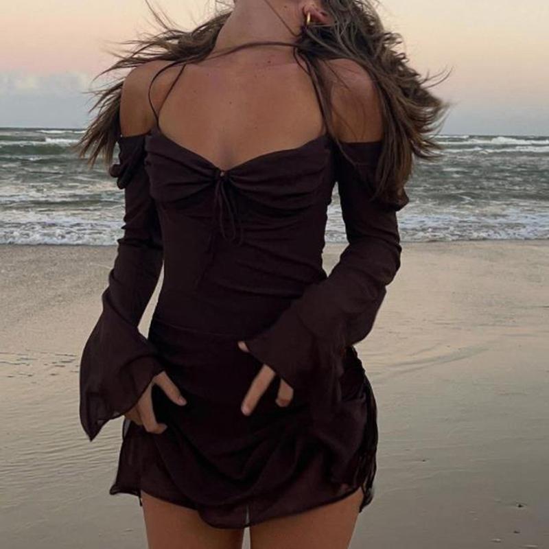 Product Introduction of 2025 NEW NEW Mesh Halter Dress  Flare Sleeve Side Drawstring Ruched Mini Dress Elegant Lady 2025[hot sale] HOT 4