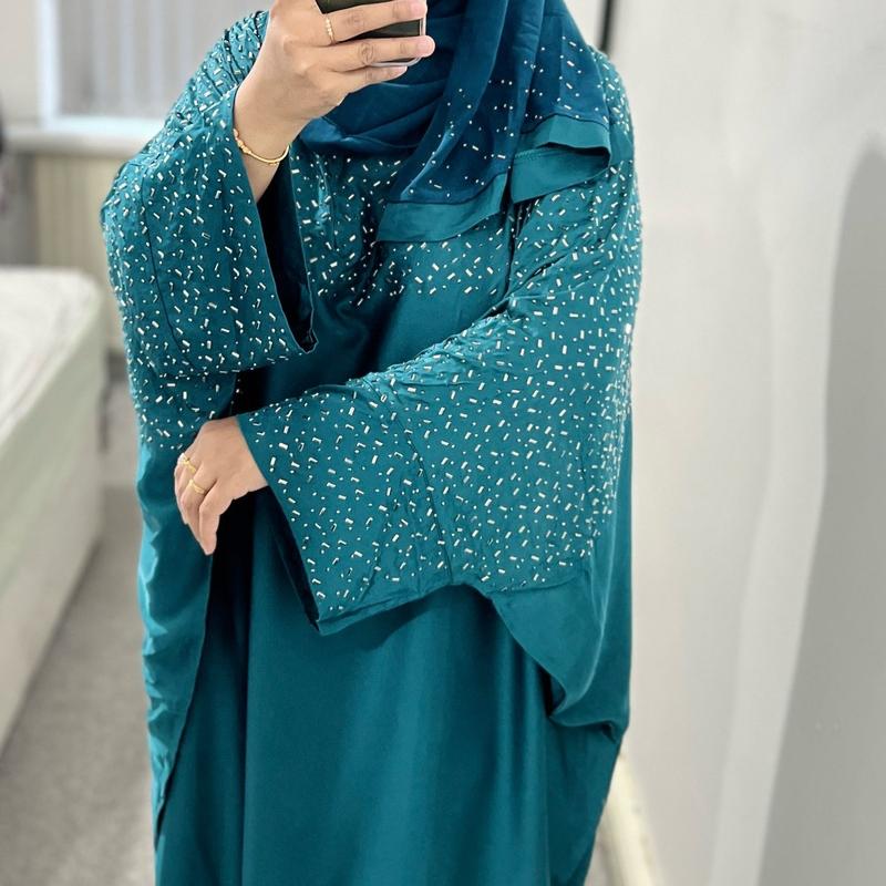 Halima Butterfly Satin Kaftan Abaya with attached Belt inside and matching hijab 3