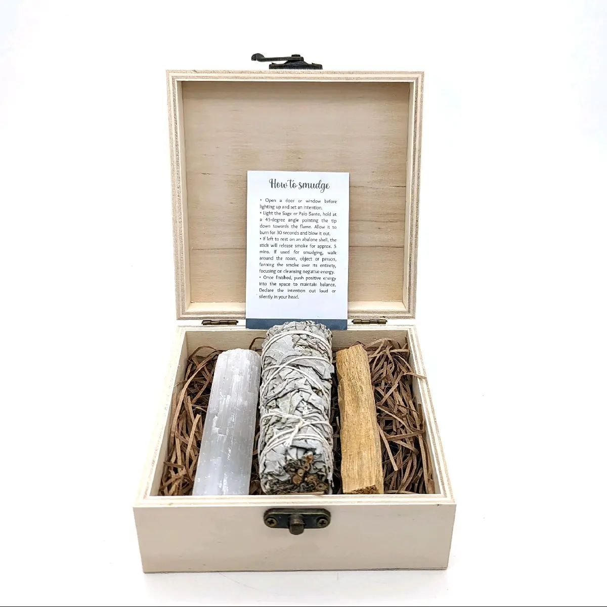 Cleansing and Charging Crystal Smudge Set - Selenite, Palo Santo, Sage, Instructions Card