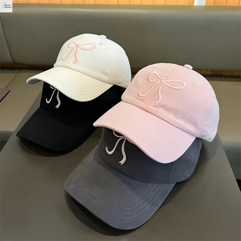 A&H      Lightweight Polyester Dad Hat with an Adjustable Cute Bowknot - Features a Sweet and Romantic Pink Design, Soft Top. Available in Black, Grey, Apricot, and Pink for Casual Wear
