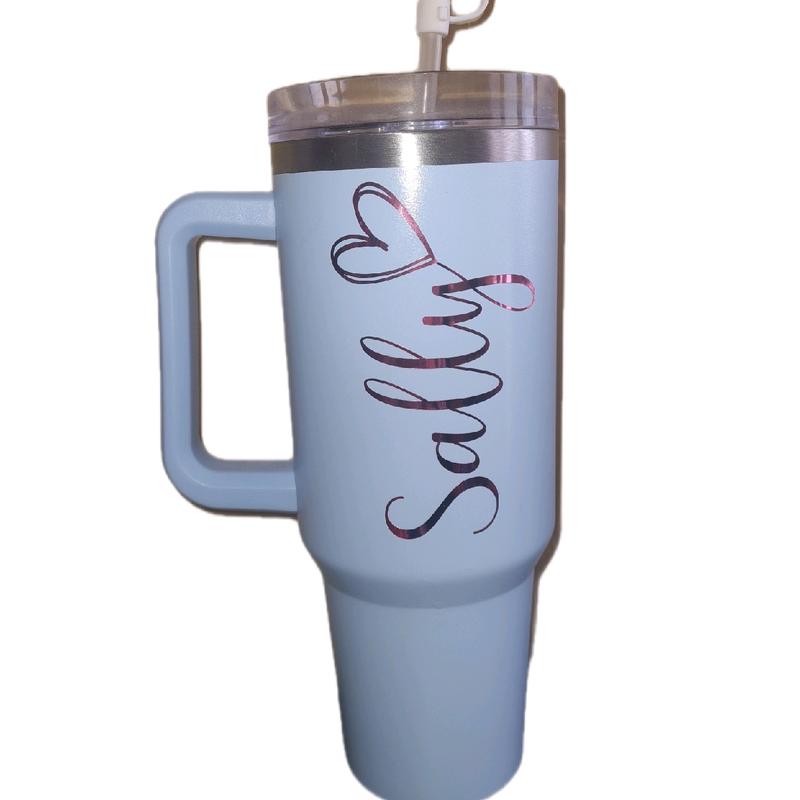 40oz personalised insulated tumbler with straw and handle for hot and cold drinks 1