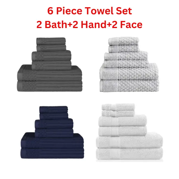 6 Piece Luxury Soft 100% Cotton Towel Set - 2 Bath, 2 Hand, 2 Face - Navy/Dark Grey/Light Grey/White