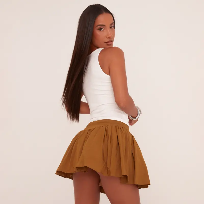 Dipped Waist Pleated Poplin Mini Skirt In Khaki Green 2