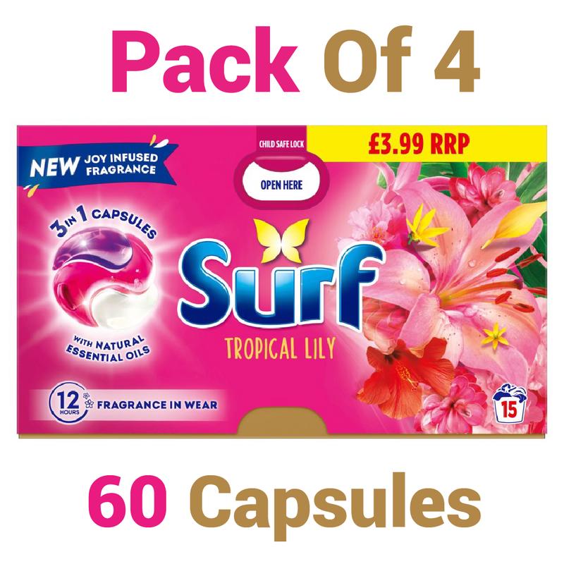 Surf 3-in-1 Tropical Lily & Ylang-Ylang with Long-Lasting Fragrance Washing Capsules for Brilliantly Clean Laundry 15 Washes (Pack of 4) Household Box Plastic Burst Scented 0