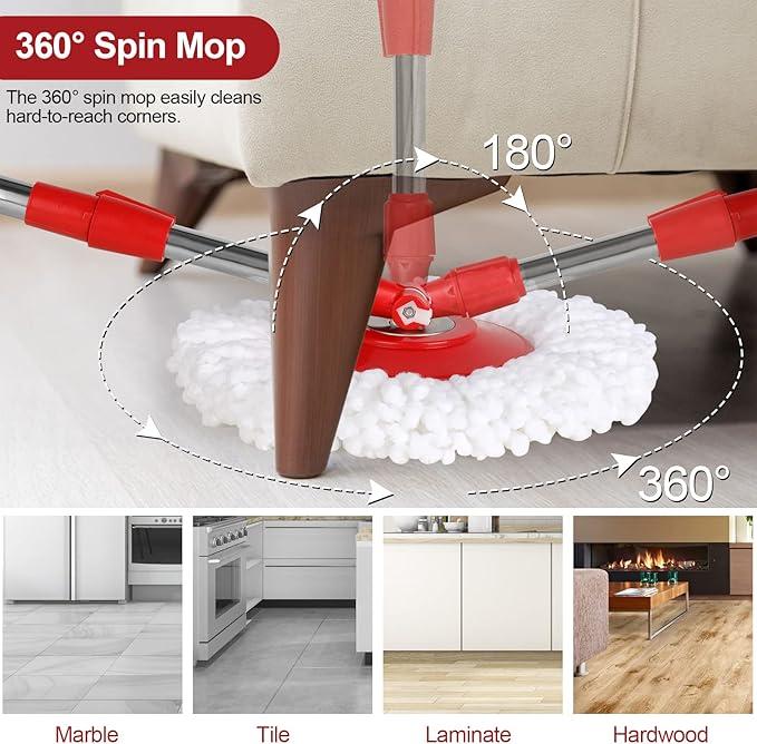 Spin Mop and Bucket with Wringer Set, 360° Spinning System, 3 Microfiber Mop Heads, 61" Stainless Steel Handle for Floor Cleaning Adjustable Pet 3