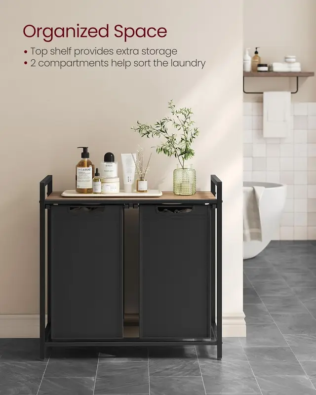SONGMICS HOME Laundry Basket with Storage Shelf, 2/3-Compartment Laundry Hamper, Pull-Out and Removable Laundry Bags, Laundry Sorter, Shelf, Metal Frame, 2 x 46L, 3 x 38L, Light Organiser Plastic Adjustable Steel 4